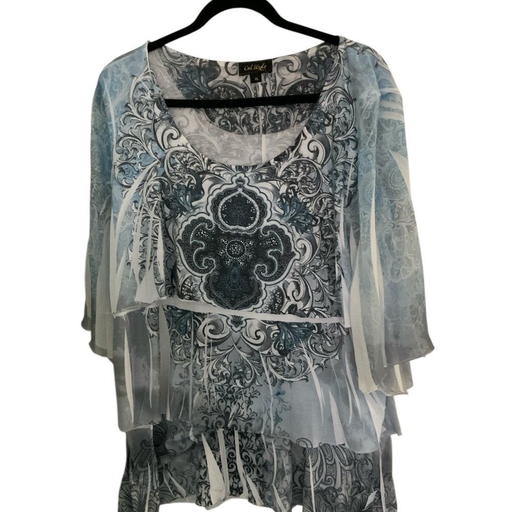 Cal Style women’s floral boho 3/4 length sleeve tunic shirt Top Blouse Sz XL